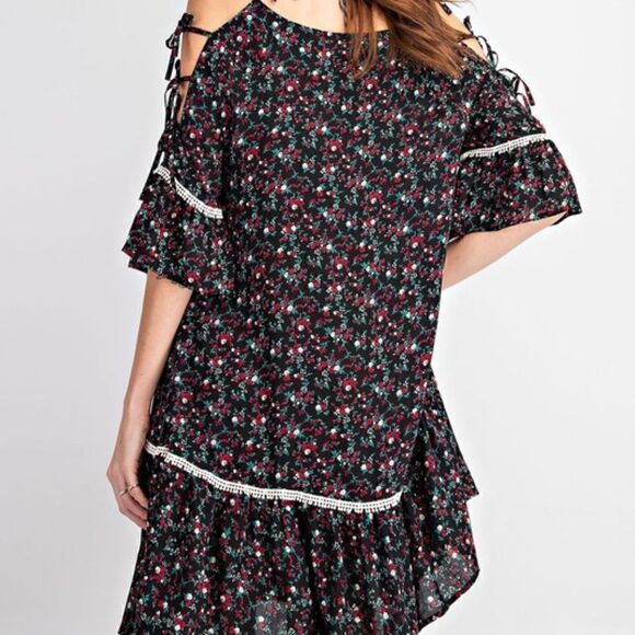 NEW! PRETTY PRINTED LACE UP SLEEVES RAYON CHALLIE RUFFLED BOTTOM DRESS - Picture 3 of 5